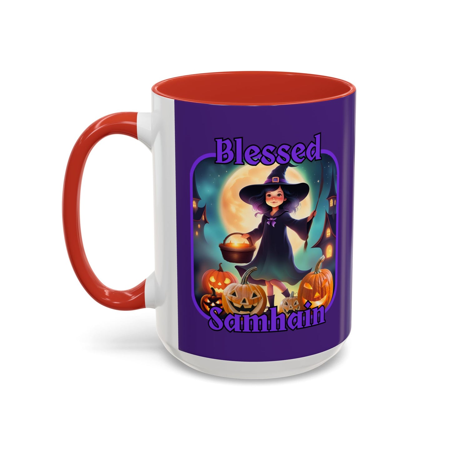 Blessed Samhain Little Witch Purple font Purple Accent Mug by CreepyCrafts.boo