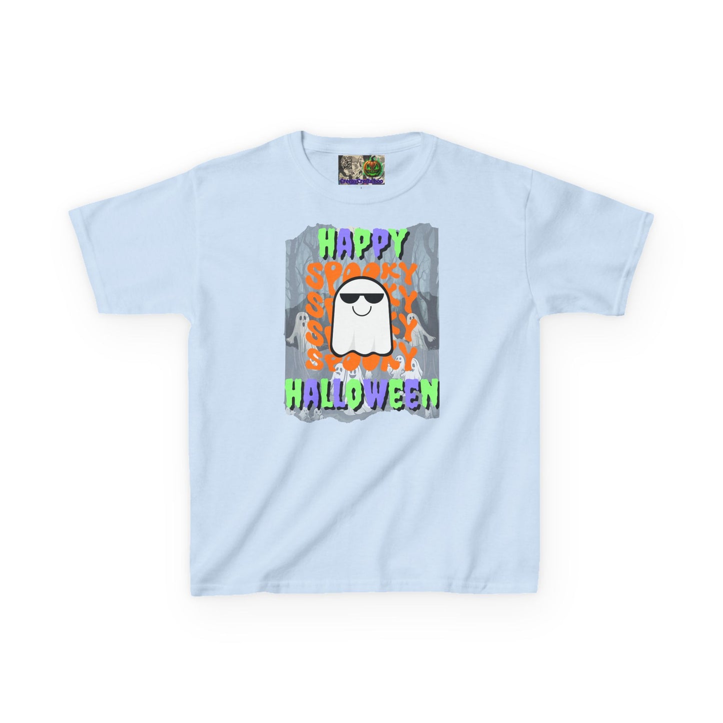 Spooky Happy Halloween Ghost Mixed font Kids Heavy Cotton™ Tee by CreepyCrafts.boo