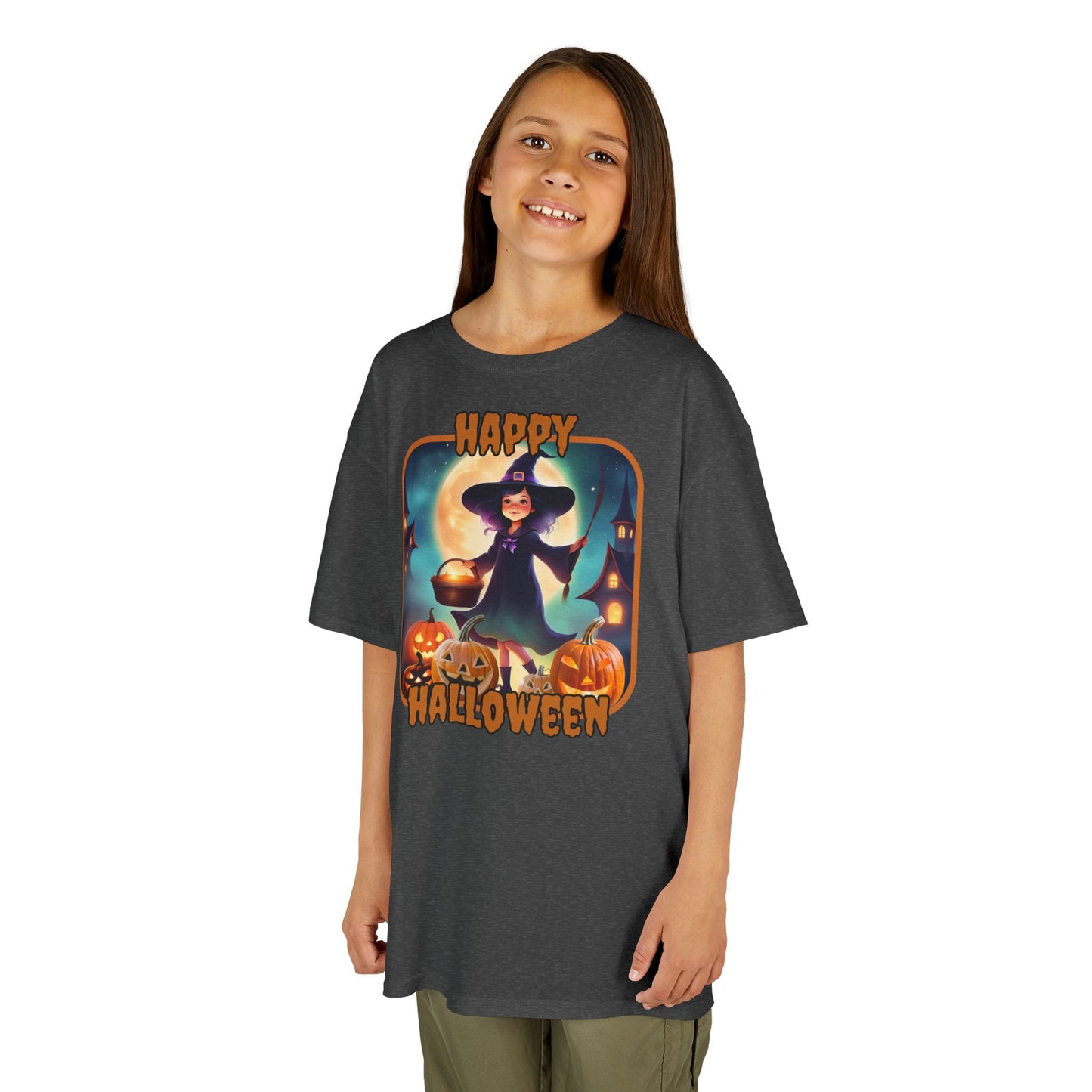 Happy Halloween Little Witch Orange font Kids Heavy Cotton™ Tee by CreepyCrafts.boo