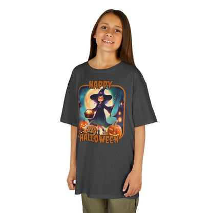 Happy Halloween Little Witch Orange font Kids Heavy Cotton™ Tee by CreepyCrafts.boo