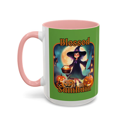 Blessed Samhain Little Witch Orange font Green Accent Mug by CreepyCrafts.boo