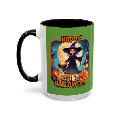 Happy Halloween Little Witch Orange font Green Accent Mug by CreepyCrafts.boo