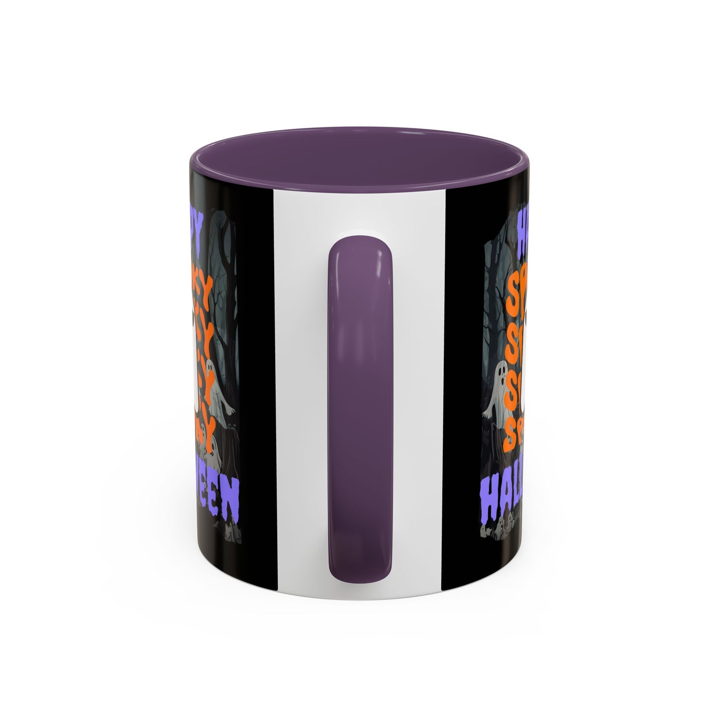 Spooky Happy Halloween Ghost Purple font Black Accent Mug by CreepyCrafts.boo