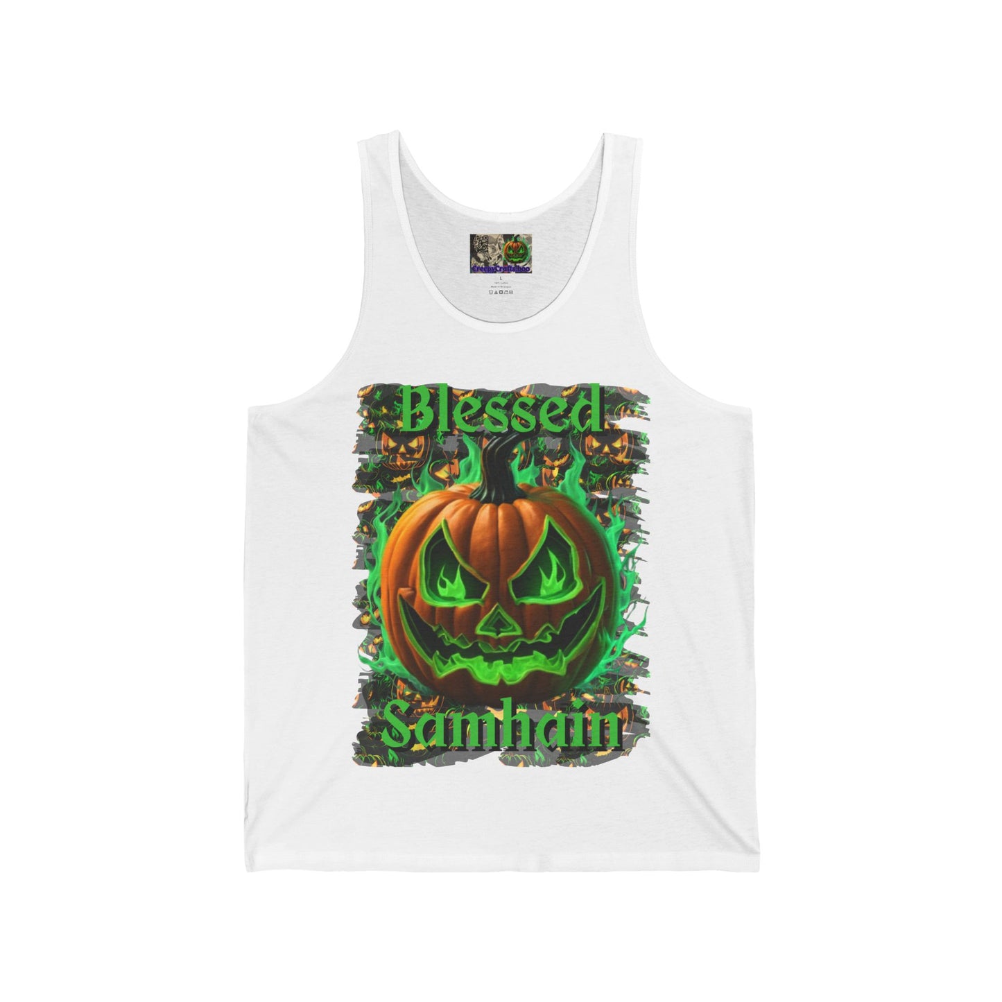 Blessed Samhain Green Jack Unisex Jersey Tank Top by CreepyCrafts.boo