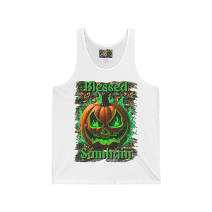 Blessed Samhain Green Jack Unisex Jersey Tank Top by CreepyCrafts.boo