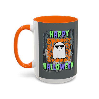Spooky Happy Halloween Ghost Mixed font Grey Accent Mug by CreepyCrafts.boo