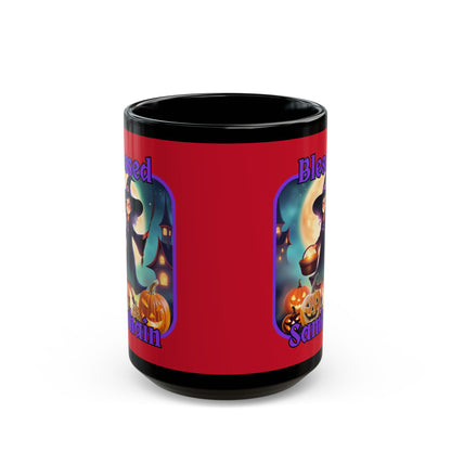 Blessed Samhain Little Witch Purple font Red Mug by CreepyCrafts.boo