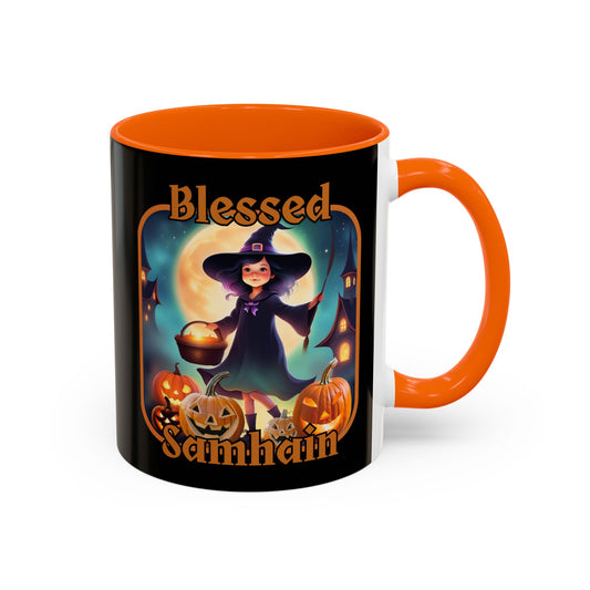 Blessed Samhain Little Witch Orange font Black Accent Mug by CreepyCrafts.boo
