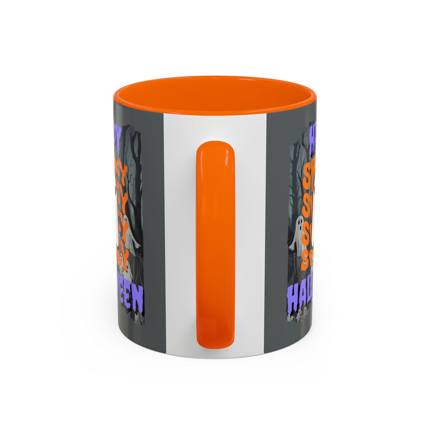 Spooky Happy Halloween Ghost Purple font Grey Accent Mug by CreepyCrafts.boo