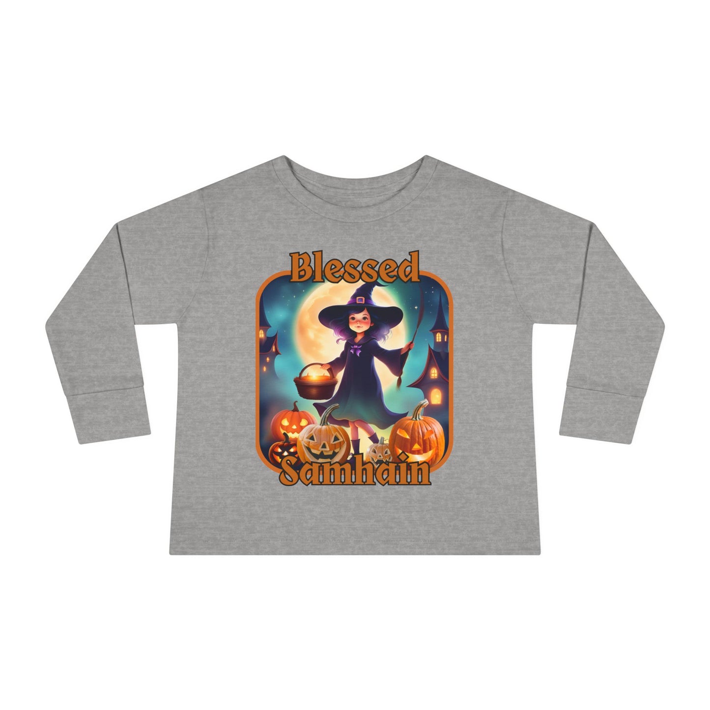 Blessed Samhain Little Witch Orange font Toddler Long Sleeve Tee by CreepyCrafts.boo