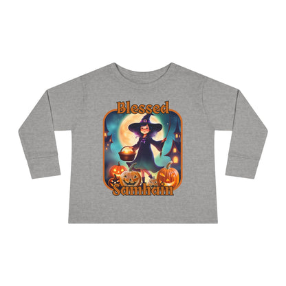 Blessed Samhain Little Witch Orange font Toddler Long Sleeve Tee by CreepyCrafts.boo