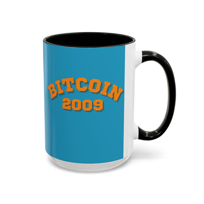 Bitcoin 2009 Turquoise Accent Mug by cypherpunkgear.com