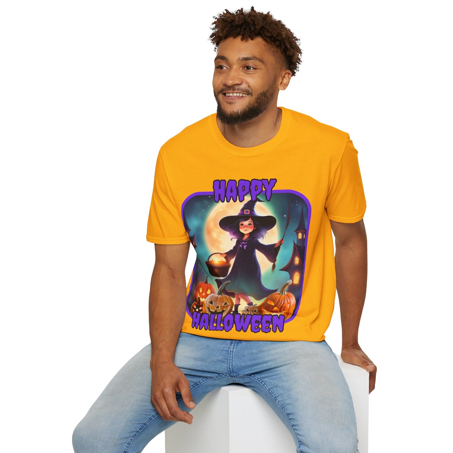 Happy Halloween Little Witch Purple font, Light colors, Unisex T-Shirt by CreepyCrafts.boo