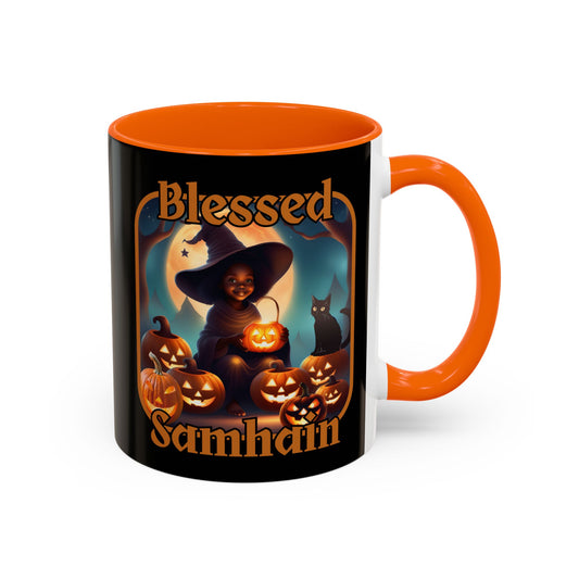 Blessed Samhain Cute Witch Orange font Black Accent Mug by CreepyCrafts.boo