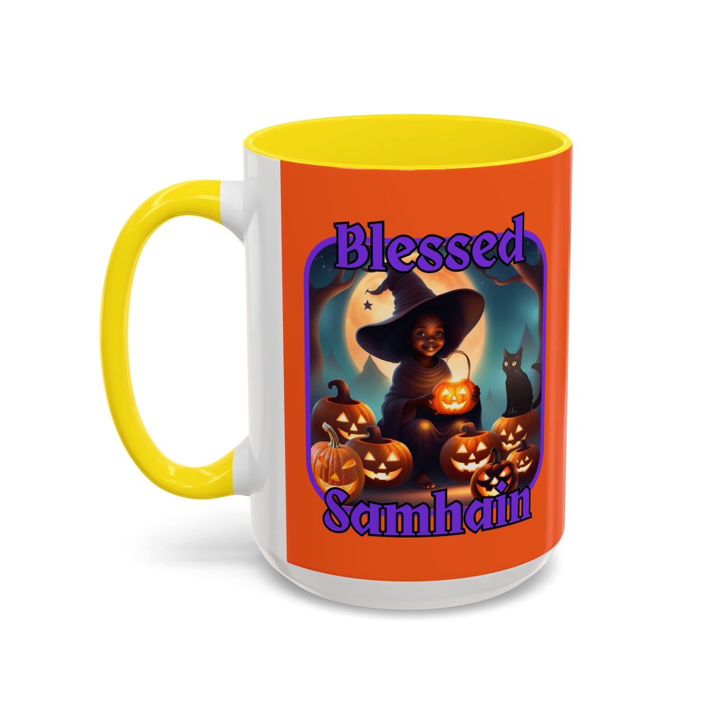 Blessed Samhain Cute Witch Purple font Orange Accent Mug by CreepyCrafts.boo