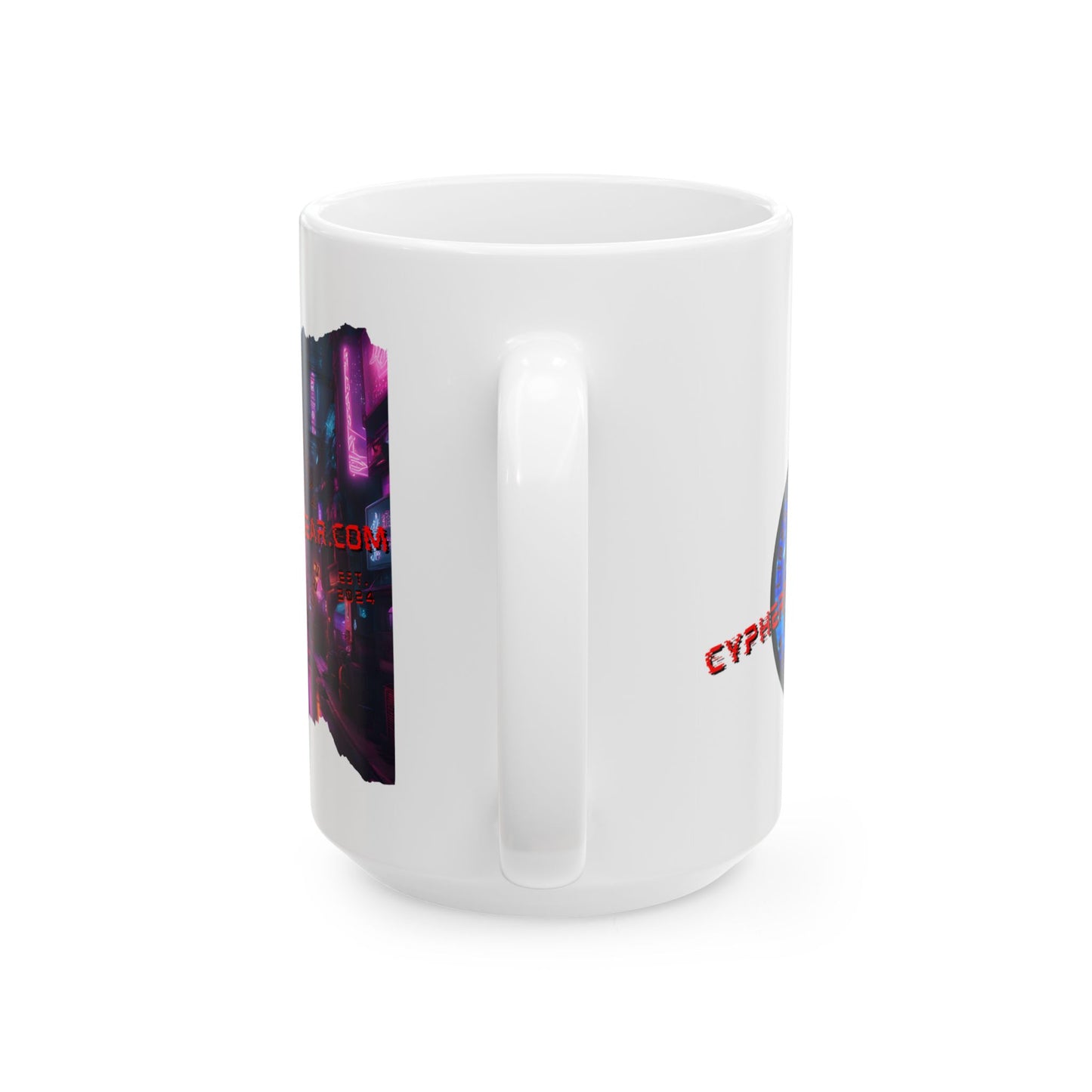 2-sided, cypherpunkgear.com Logo & Cityscape White Mug by cypherpunkgear.com