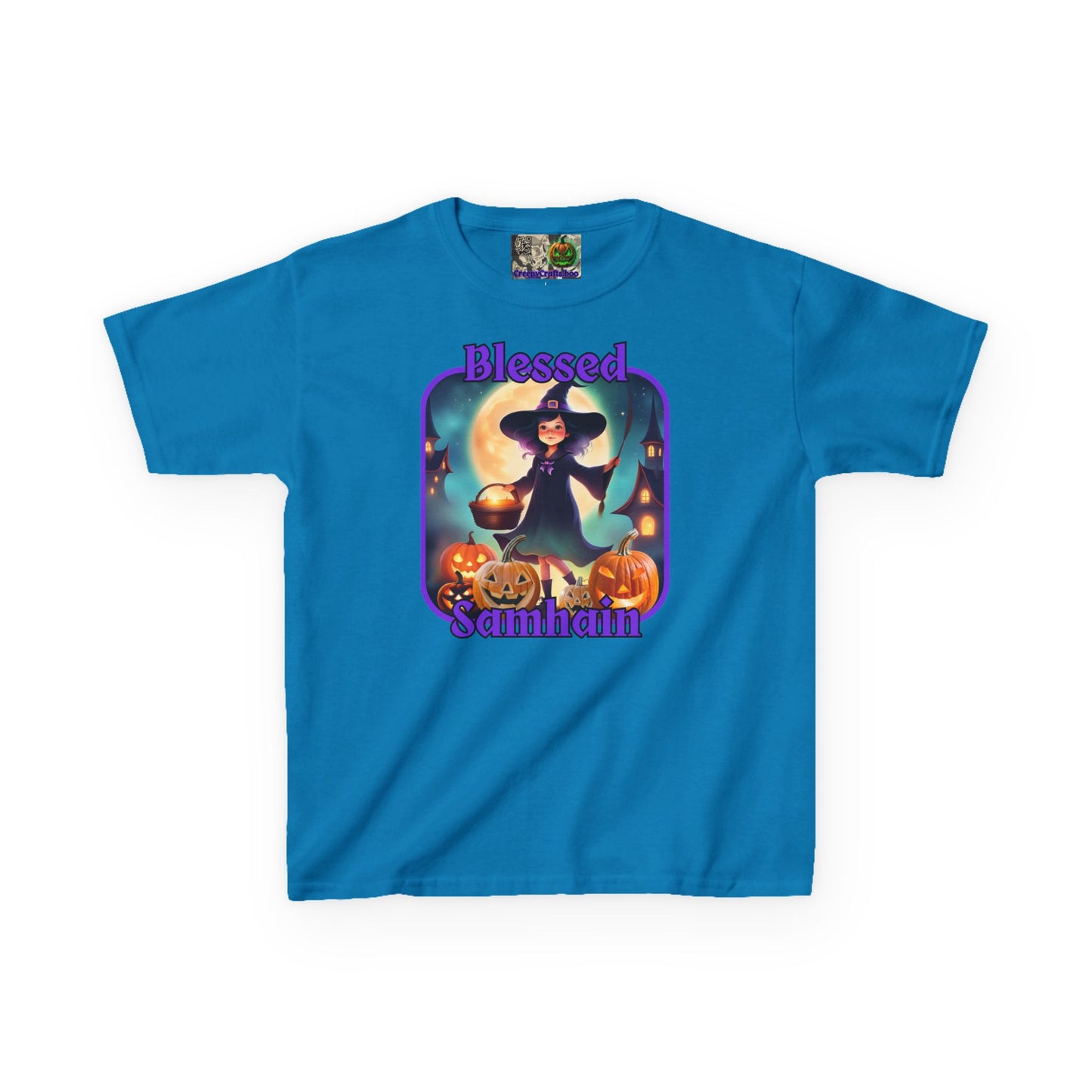 Blessed Samhain Little Witch Purple font Kids Heavy Cotton™ Tee by CreepyCrafts.boo