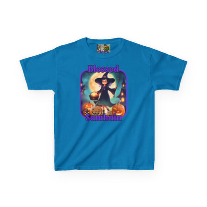 Blessed Samhain Little Witch Purple font Kids Heavy Cotton™ Tee by CreepyCrafts.boo