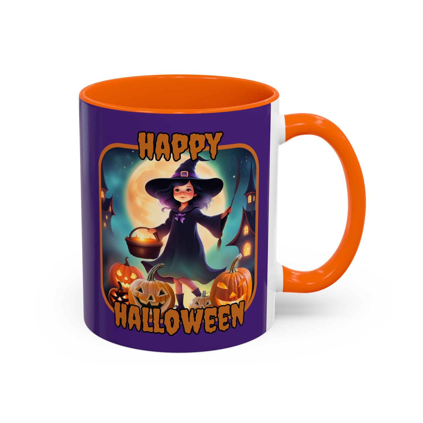 Happy Halloween Little Witch Orange font Purple Accent Mug by CreepyCrafts.boo