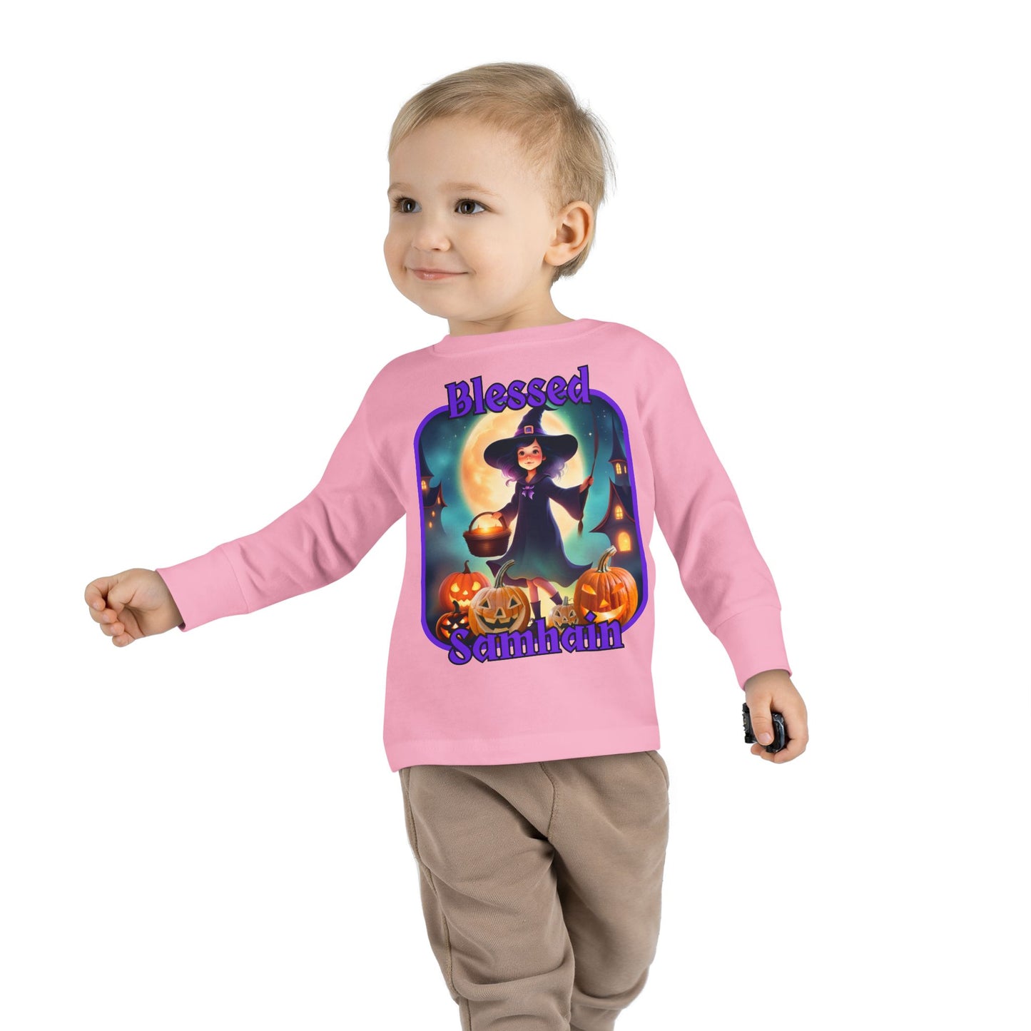 Blessed Samhain Little Witch Purple font Toddler Long Sleeve Tee by CreepyCrafts.boo