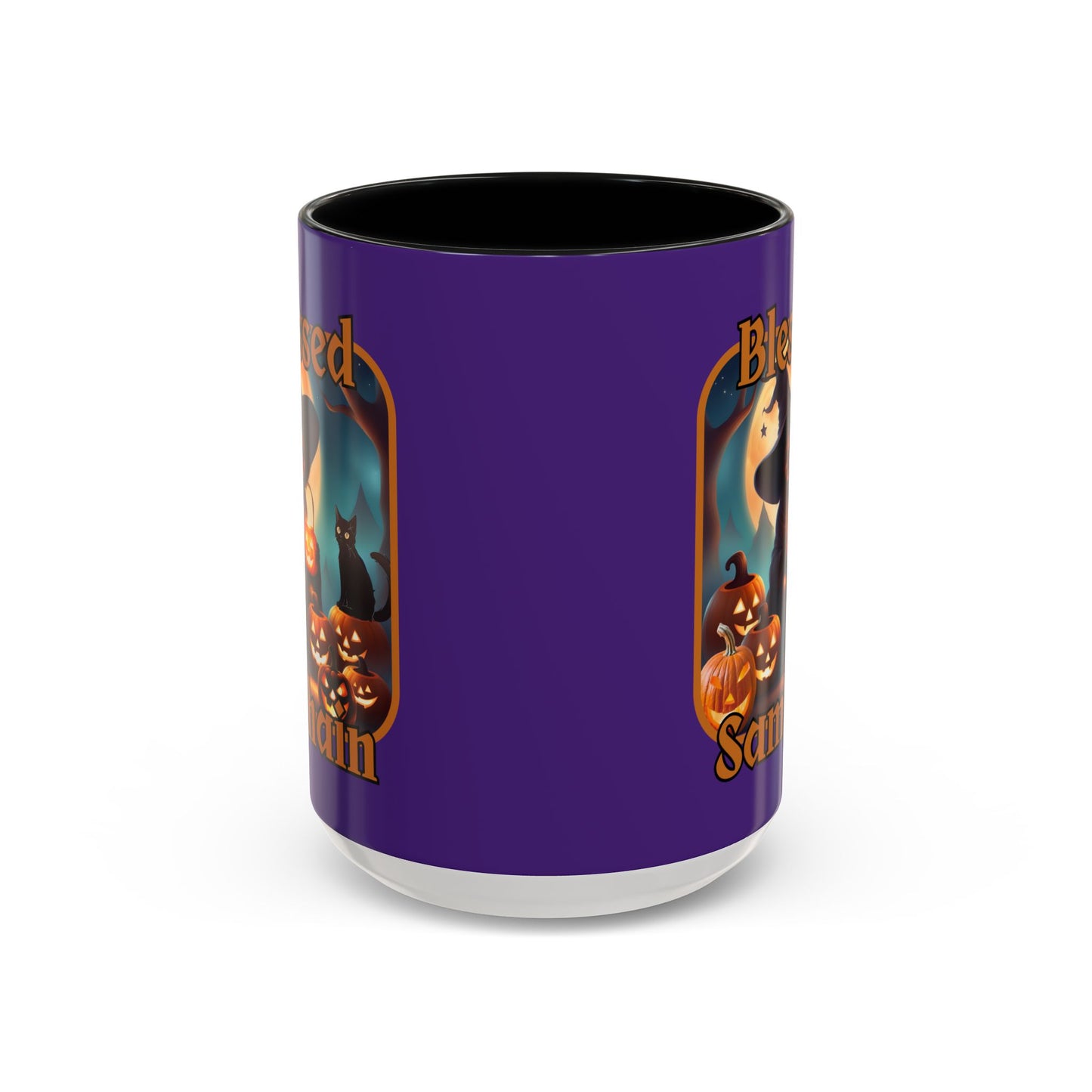 Blessed Samhain Cute Witch Orange font Purple Accent Mug by CreepyCrafts.boo