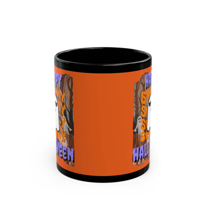 Spooky Happy Halloween Ghost Purple font Orange Mug by CreepyCrafts.boo