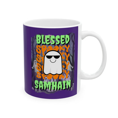 Spooky Blessed Samhain Ghost Green font Purple Mug by CreepyCrafts.boo