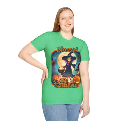 Blessed Samhain Little Witch Orange font Dark colors Unisex T-Shirt by CreepyCrafts.boo