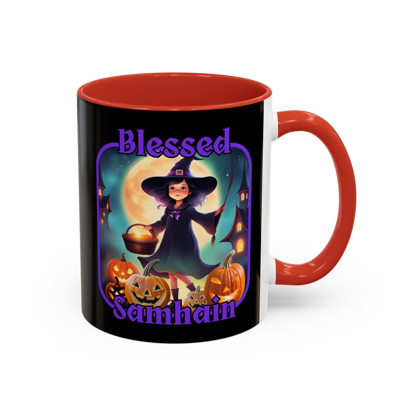 Blessed Samhain Little Witch Purple font Black Accent Mug by CreepyCrafts.boo