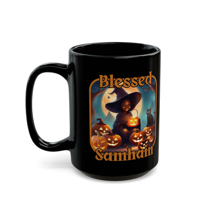 Blessed Samhain Cute Witch Orange font Black Mug by CreepyCrafts.boo