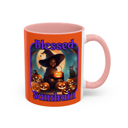 Blessed Samhain Cute Witch Purple font Orange Accent Mug by CreepyCrafts.boo