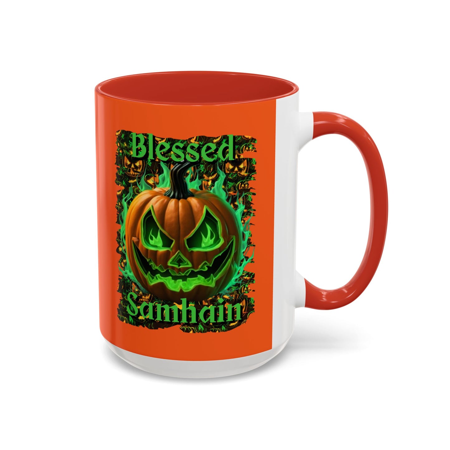 Blessed Samhain Green Jack Orange Accent Mug by CreepyCrafts.boo