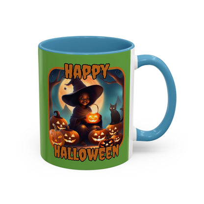 Happy Halloween Cute Witch Orange font Green Accent Mug by CreepyCrafts.boo