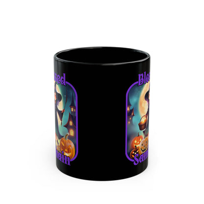 Blessed Samhain Little Witch Purple font Black Mug by CreepyCrafts.boo