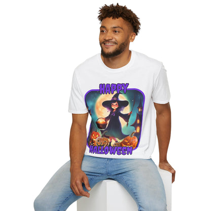 Happy Halloween Little Witch Purple font, Light colors, Unisex T-Shirt by CreepyCrafts.boo