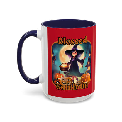 Blessed Samhain Little Witch Orange font Red Accent Mug by CreepyCrafts.boo