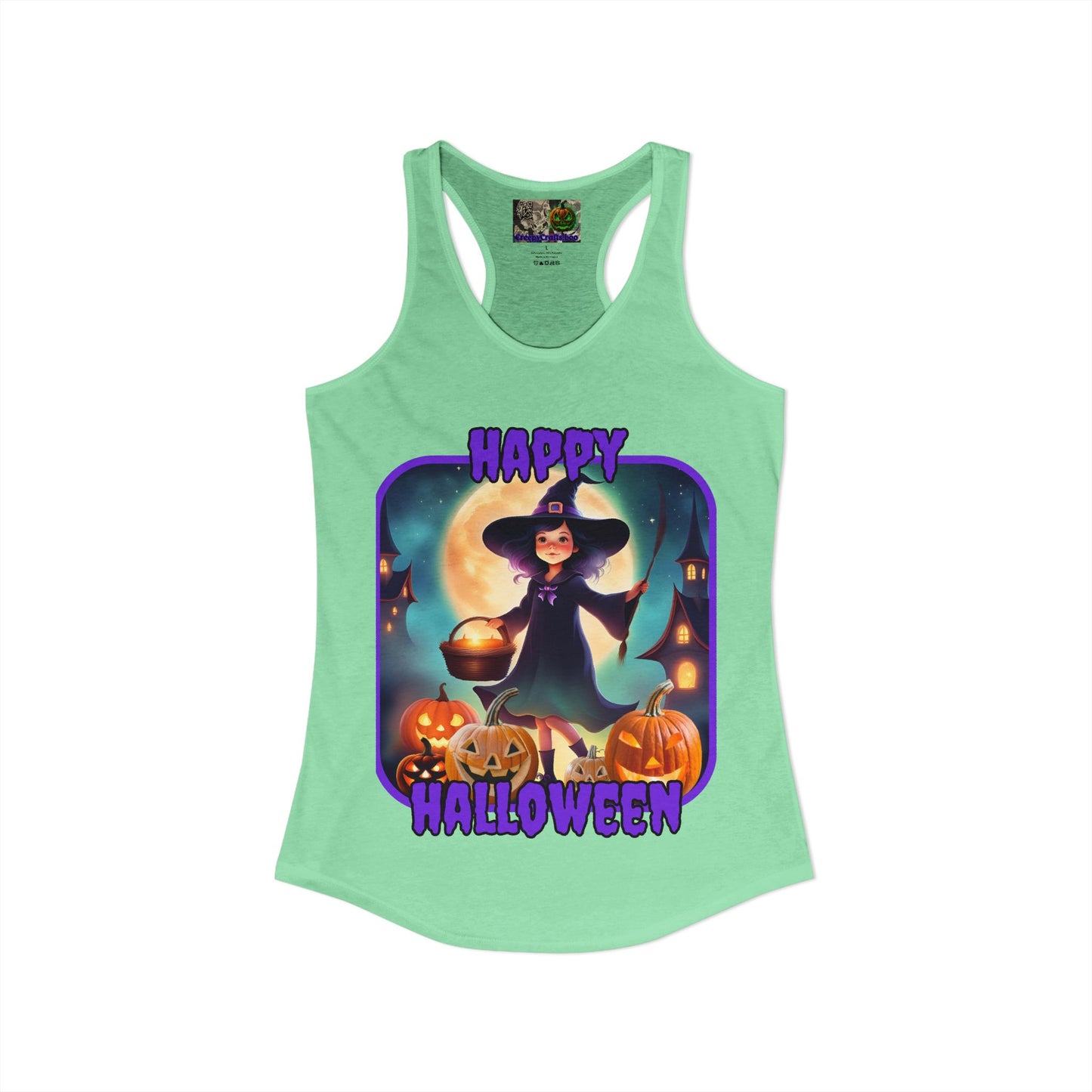 Happy Halloween Little Witch Purple font Women's Racerback Tank Top by CreepyCrafts.boo