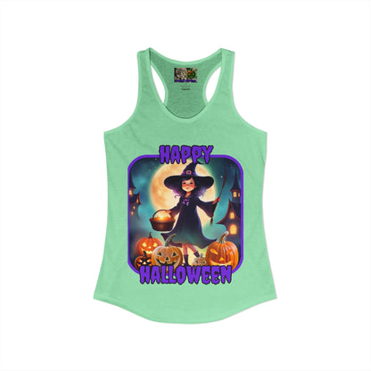 Happy Halloween Little Witch Purple font Women's Racerback Tank Top by CreepyCrafts.boo