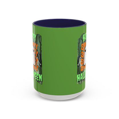 Spooky Happy Halloween Ghost Green font Green Accent Mug by CreepyCrafts.boo