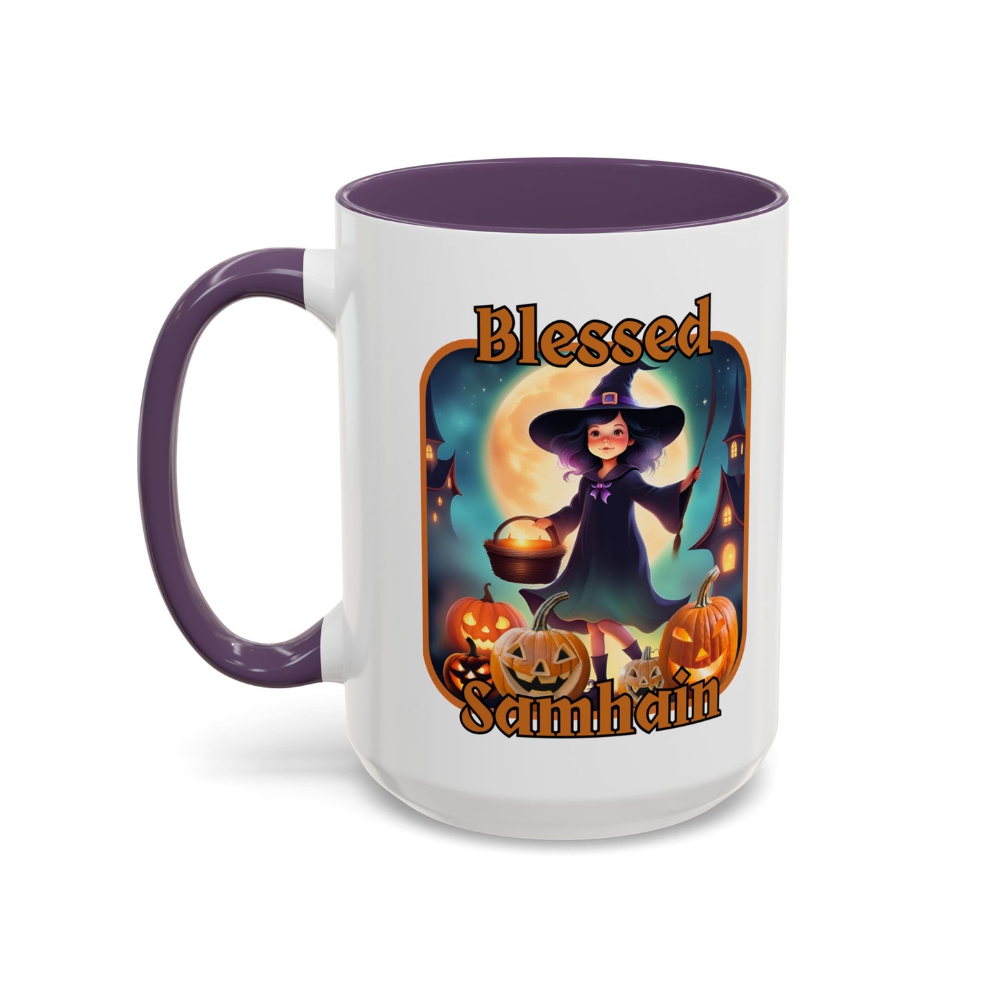Blessed Samhain Little Witch Orange font White Accent Mug by CreepyCrafts.boo
