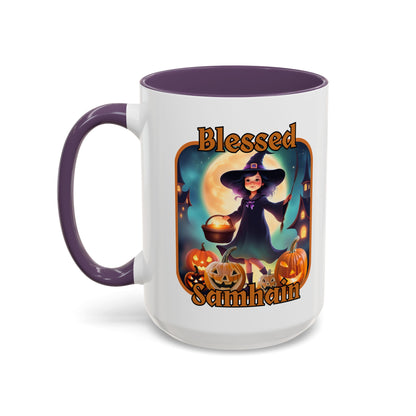 Blessed Samhain Little Witch Orange font White Accent Mug by CreepyCrafts.boo