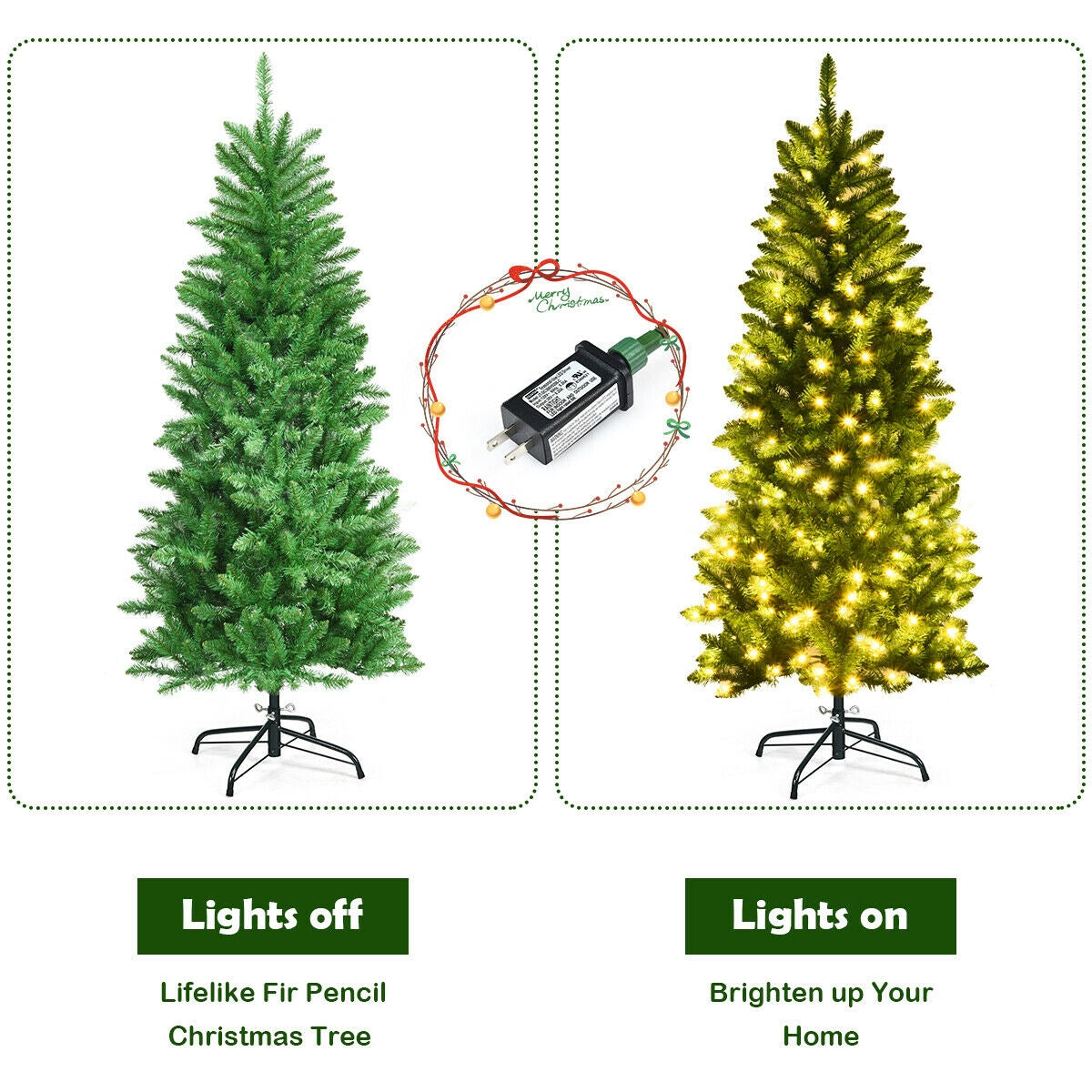 6 Feet PVC Hinged Pre-lit Artificial Fir Pencil Christmas Tree with 150 Lights