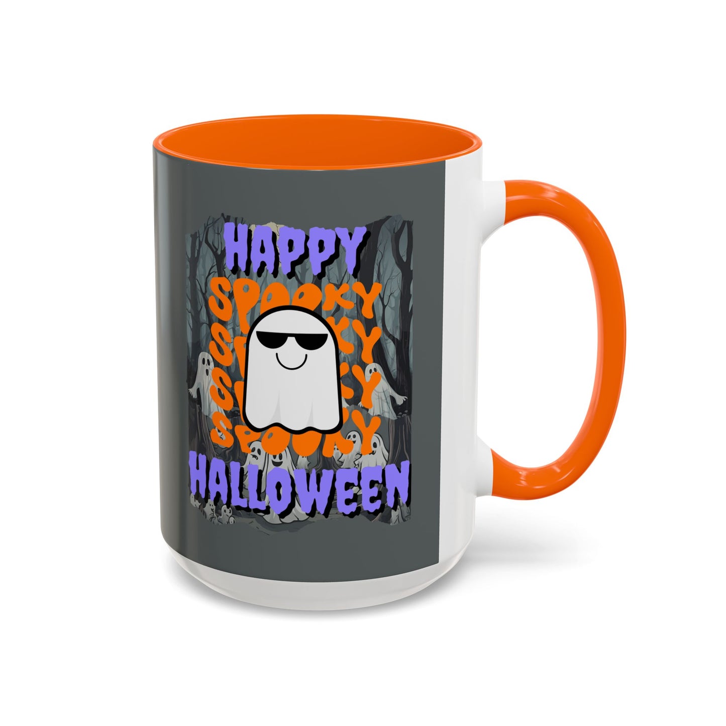 Spooky Happy Halloween Ghost Purple font Grey Accent Mug by CreepyCrafts.boo