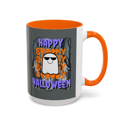 Spooky Happy Halloween Ghost Purple font Grey Accent Mug by CreepyCrafts.boo