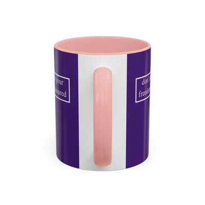 don't assume your freedoms are assured, White font, Dark Purple Accent Mug by cypherpunkgear.com