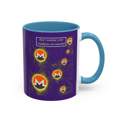 Monero (XMR) don't assume your freedoms are assured Purple Accent Mug by cypherpunkgear.com