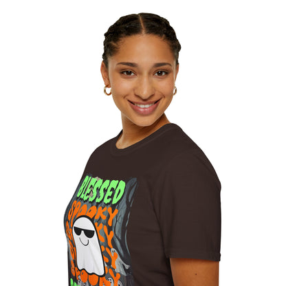 Spooky Blessed Samhain Ghost Green font Unisex T-Shirt by CreepyCrafts.boo