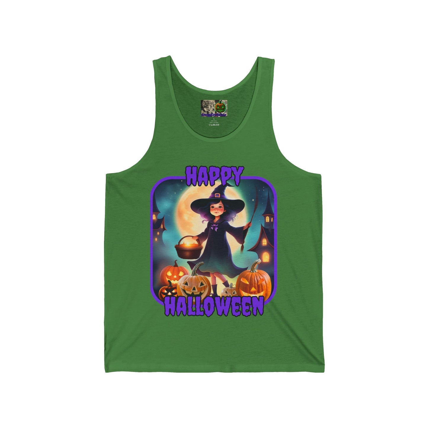 Happy Halloween Little Witch Purple font Unisex Jersey Tank Top by CreepyCrafts.boo