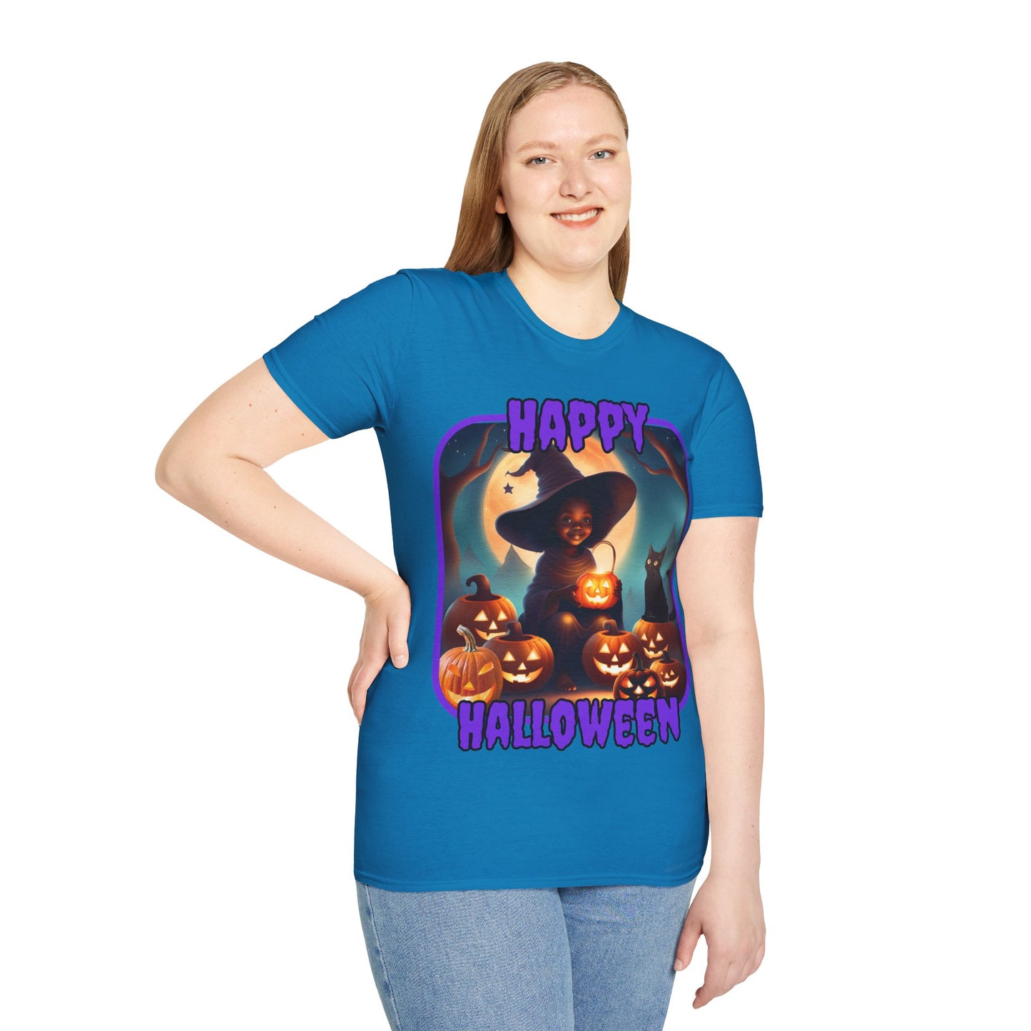 Happy Halloween Cute Witch Purple font Dark colors Unisex T-Shirt by CreepyCrafts.boo