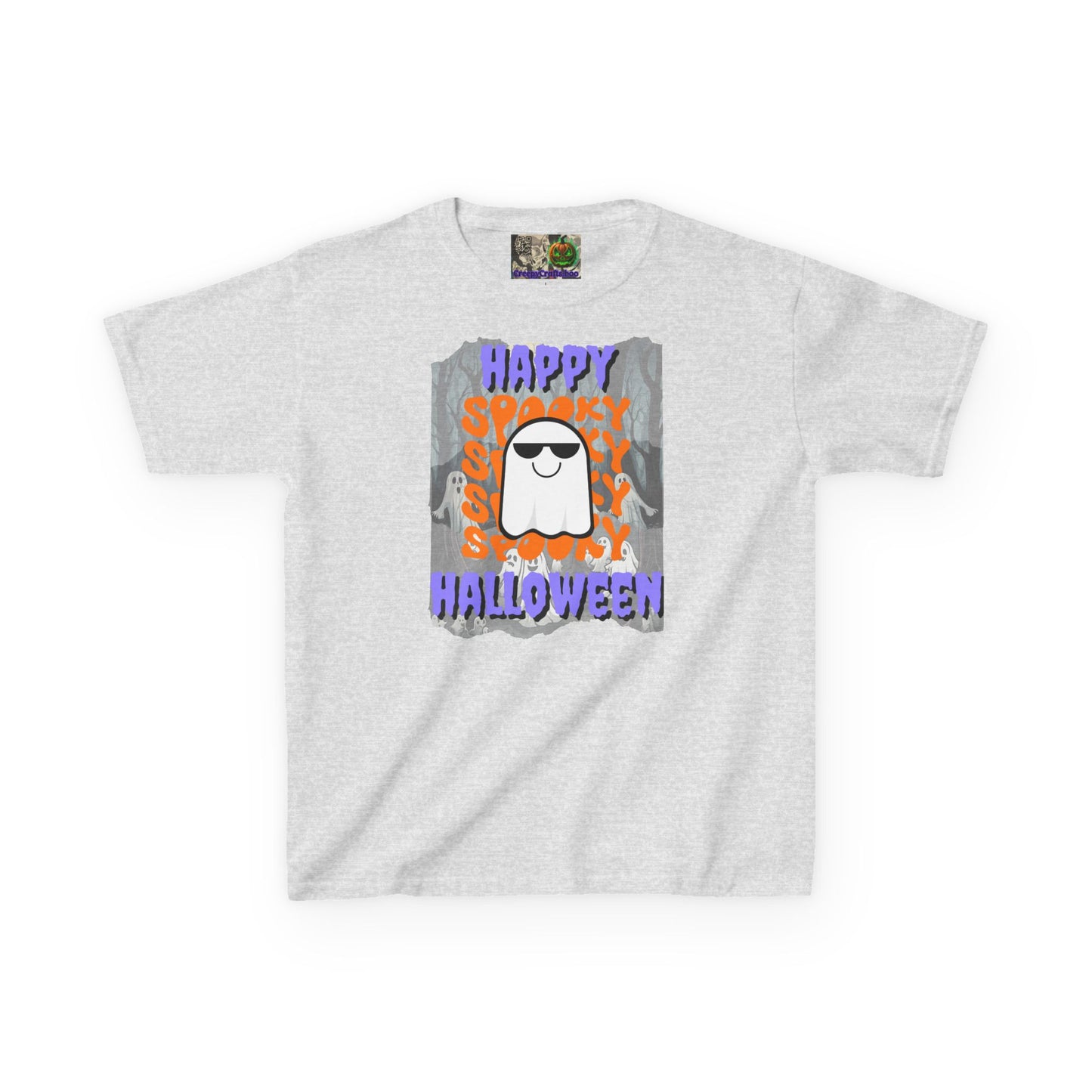 Spooky Happy Halloween Ghost Purple font Kids Heavy Cotton™ Tee by CreepyCrafts.boo